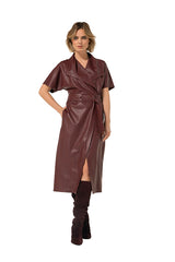 WINE RED VEGAN LEATHER ELEGANT MIDI-DRESS