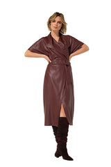 WINE RED VEGAN LEATHER ELEGANT MIDI-DRESS