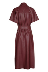 WINE RED VEGAN LEATHER ELEGANT MIDI-DRESS