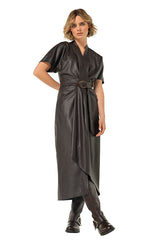 COFFEE VEGAN LEATHER MIDI-DRESS