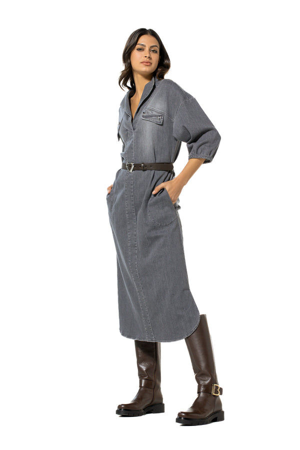 DARK GREY MIDI DENIM DRESS