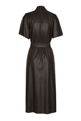 COFFEE VEGAN LEATHER SLIGHTLY FITTED MIDI DRESS