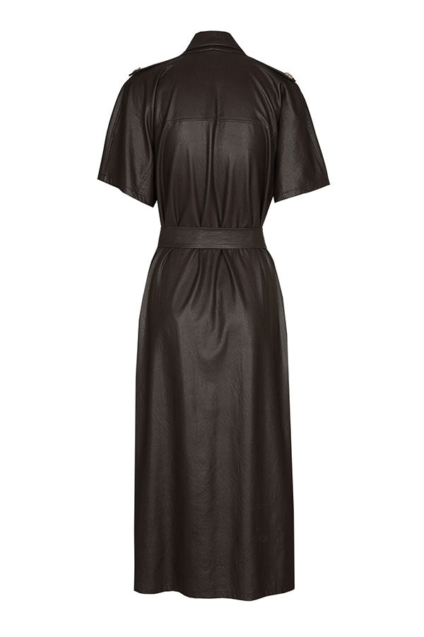 COFFEE VEGAN LEATHER SLIGHTLY FITTED MIDI DRESS