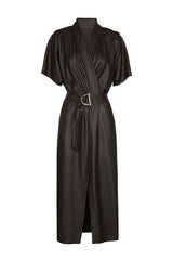 COFFEE VEGAN LEATHER SLIGHTLY FITTED MIDI DRESS