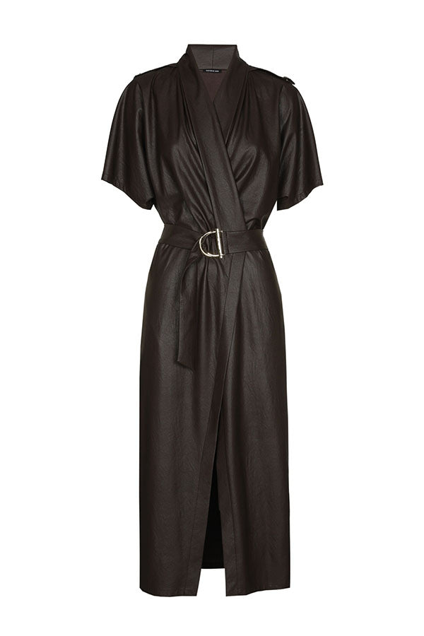 COFFEE VEGAN LEATHER SLIGHTLY FITTED MIDI DRESS