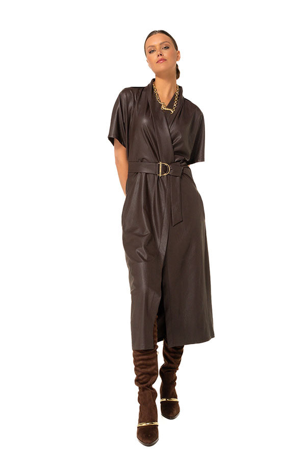 COFFEE VEGAN LEATHER SLIGHTLY FITTED MIDI DRESS