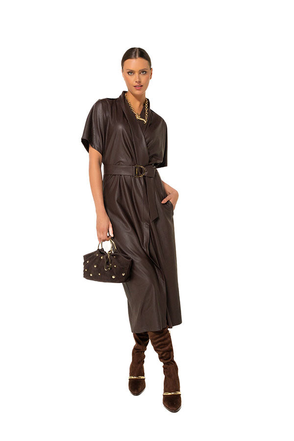 COFFEE VEGAN LEATHER SLIGHTLY FITTED MIDI DRESS
