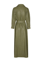 OLIVE VEGAN LEATHER SLIGHTLY FITTED MIDI DRESS