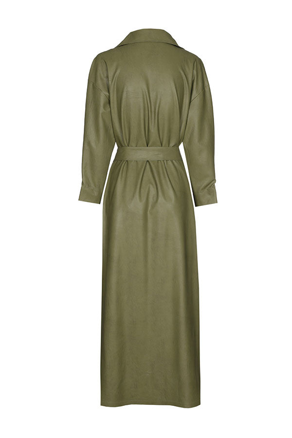 OLIVE VEGAN LEATHER SLIGHTLY FITTED MIDI DRESS