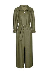 OLIVE VEGAN LEATHER SLIGHTLY FITTED MIDI DRESS