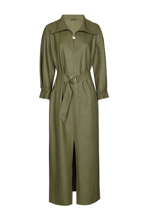 OLIVE VEGAN LEATHER SLIGHTLY FITTED MIDI DRESS