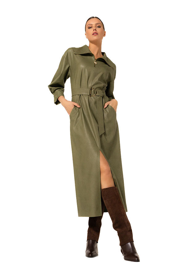 OLIVE VEGAN LEATHER SLIGHTLY FITTED MIDI DRESS
