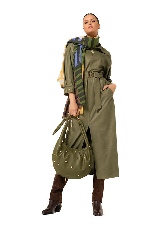 OLIVE VEGAN LEATHER SLIGHTLY FITTED MIDI DRESS