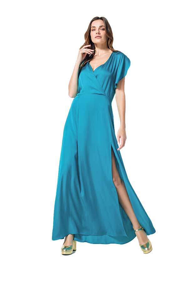 TURQUOISE SHINY VISCOSE MAXI DRESS