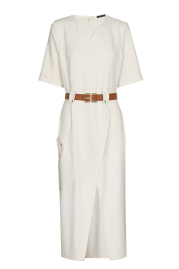 WHITE COMFORTABLE FITTED MIDI DRESS