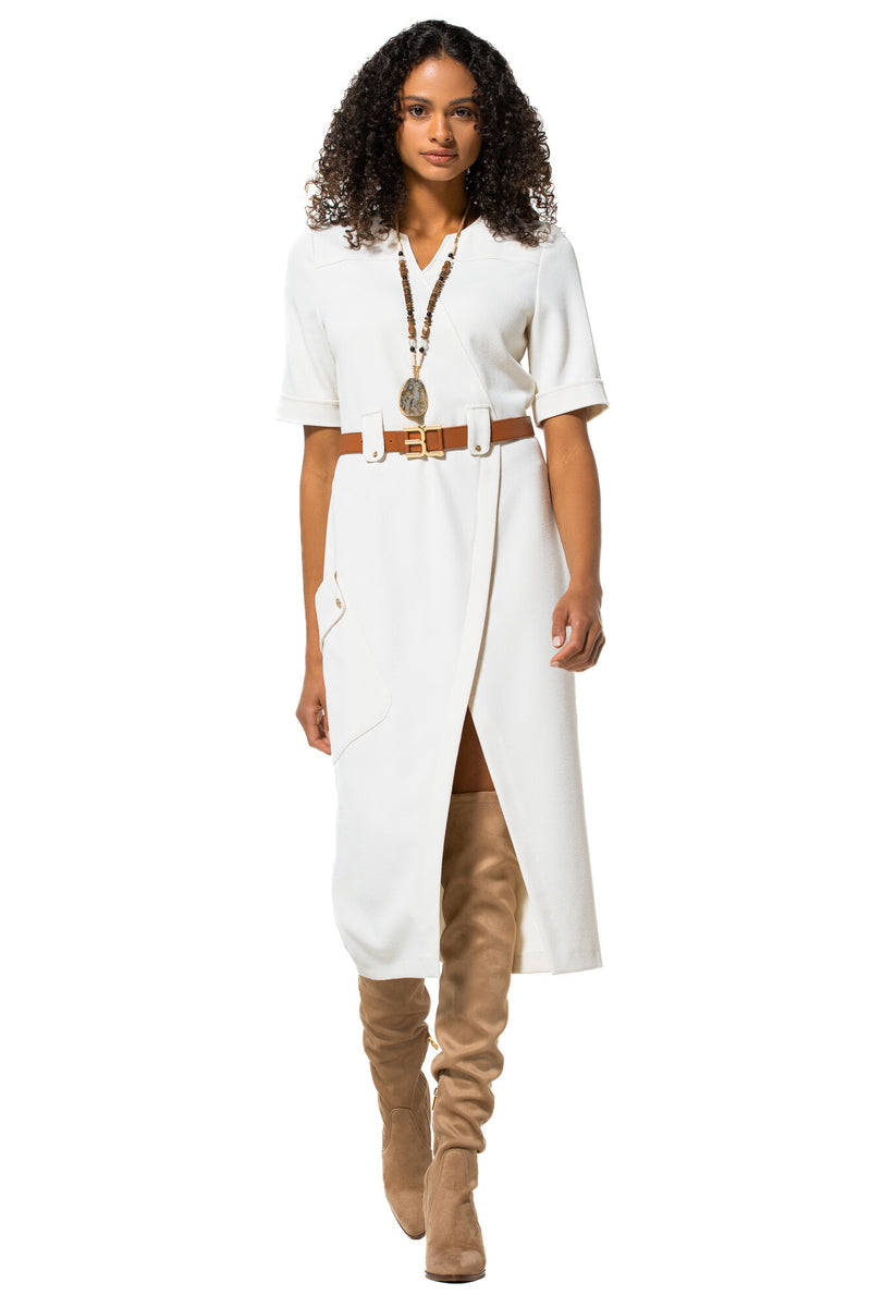 WHITE COMFORTABLE FITTED MIDI DRESS