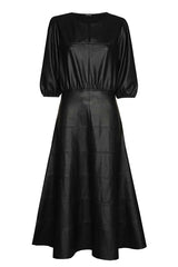 BLACK PLEATED ECO-LEATHER DRESS