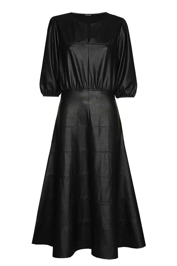 BLACK PLEATED ECO-LEATHER DRESS