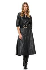 BLACK PLEATED ECO-LEATHER DRESS