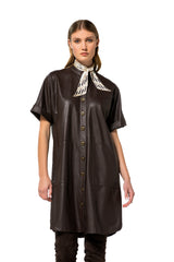 BROWN STRAIGHT-FITTING ECO-LEATHER DRESS