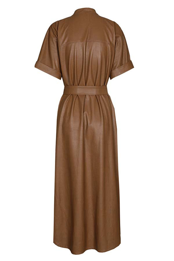 BRANDY STRAIGHT-FITTING ECO-LEATHER MIDI DRESS