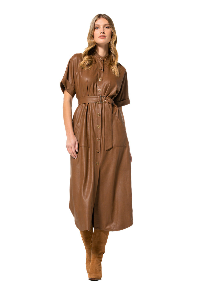 BRANDY STRAIGHT-FITTING ECO-LEATHER MIDI DRESS