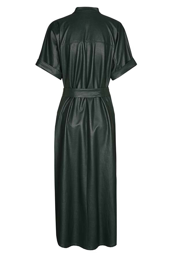 DARK GREEN STRAIGHT-FITTING ECO-LEATHER MIDI DRESS