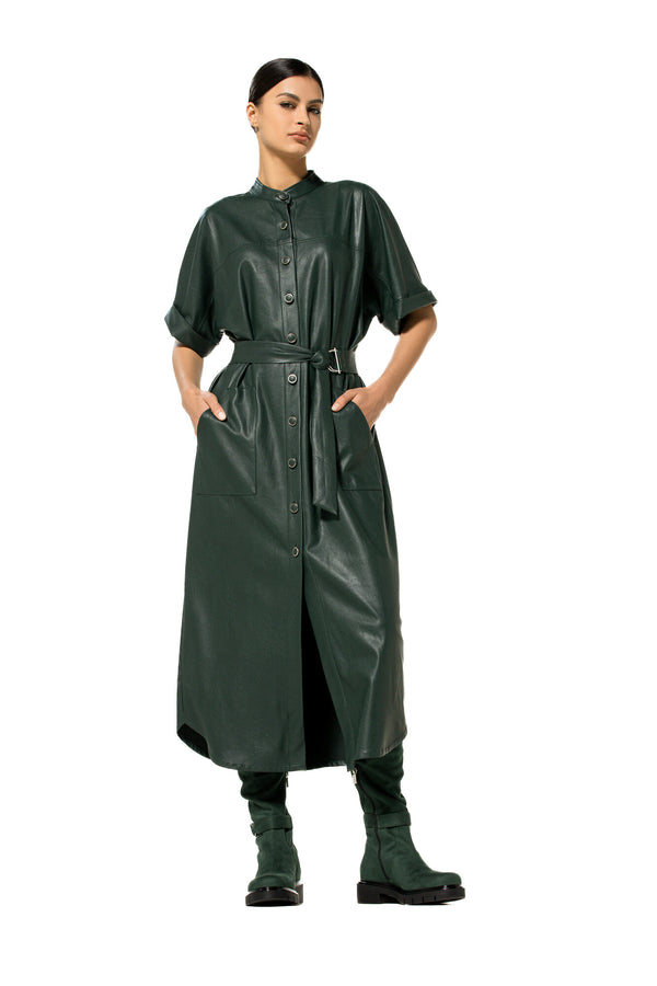 DARK GREEN STRAIGHT-FITTING ECO-LEATHER MIDI DRESS