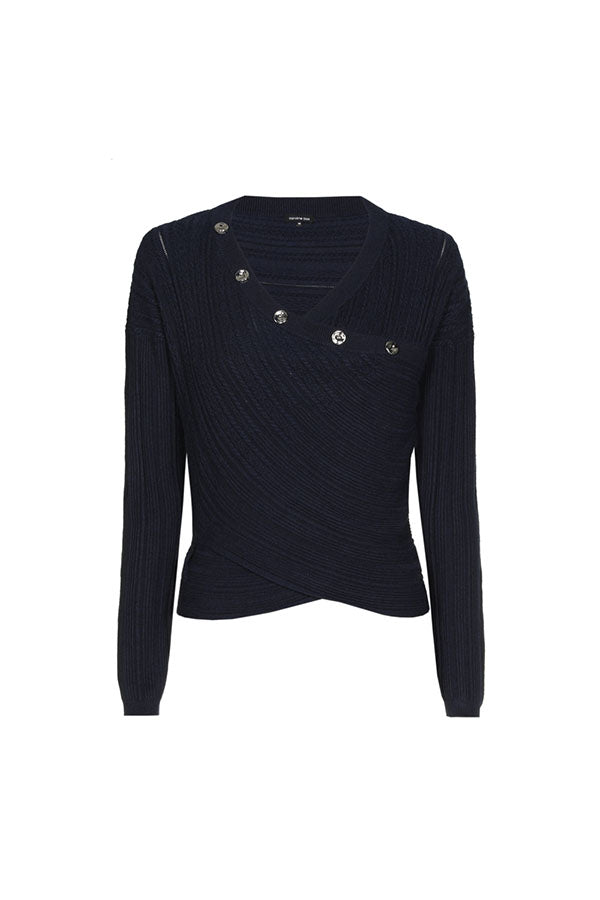 MIDNIGHT BLUE FITTED WRAP-EFFECT PULLOVER