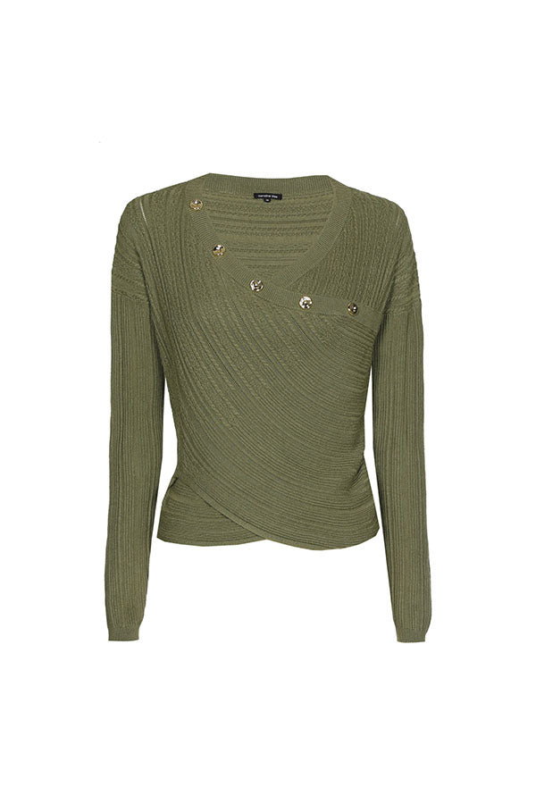 OLIVE FITTED WRAP-EFFECT PULLOVER
