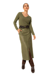 OLIVE FITTED WRAP-EFFECT PULLOVER