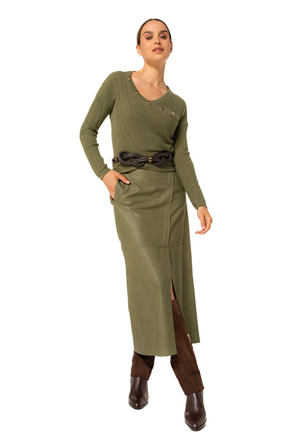 OLIVE FITTED WRAP-EFFECT PULLOVER