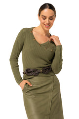 OLIVE FITTED WRAP-EFFECT PULLOVER