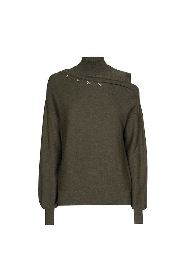 FOREST GREEN SHOULDER EFFECT FINE-KNITTED PULLOVER