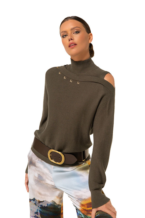 FOREST GREEN SHOULDER EFFECT FINE-KNITTED PULLOVER