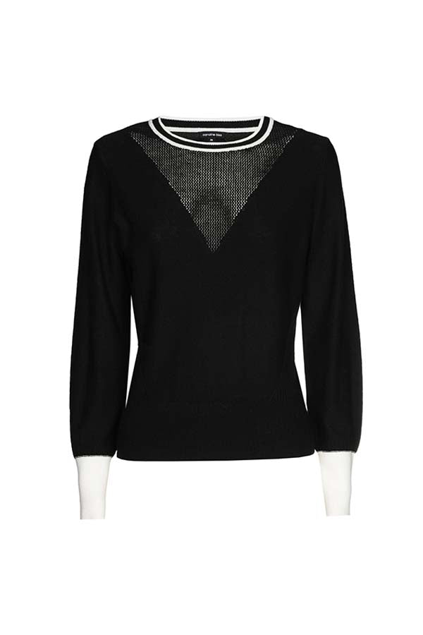 BLACK SEMI-SHEER DÉCOLLETÉ FITTED PULLOVER