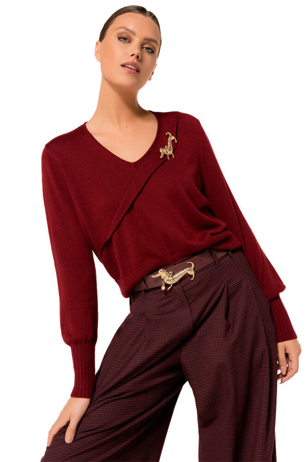 BURGUNDY DETACHABLE BROOCH FINE-KNIT JUMPER