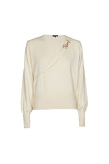 CREAM DETACHABLE BROOCH FINE-KNIT JUMPER