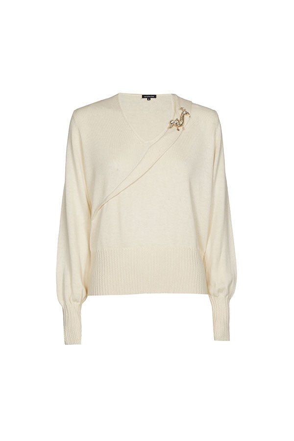 CREAM DETACHABLE BROOCH FINE-KNIT JUMPER
