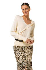 CREAM DETACHABLE BROOCH FINE-KNIT JUMPER