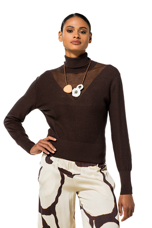 BROWN SEMI-SHEER DÉCOLLETÉ PULLOVER