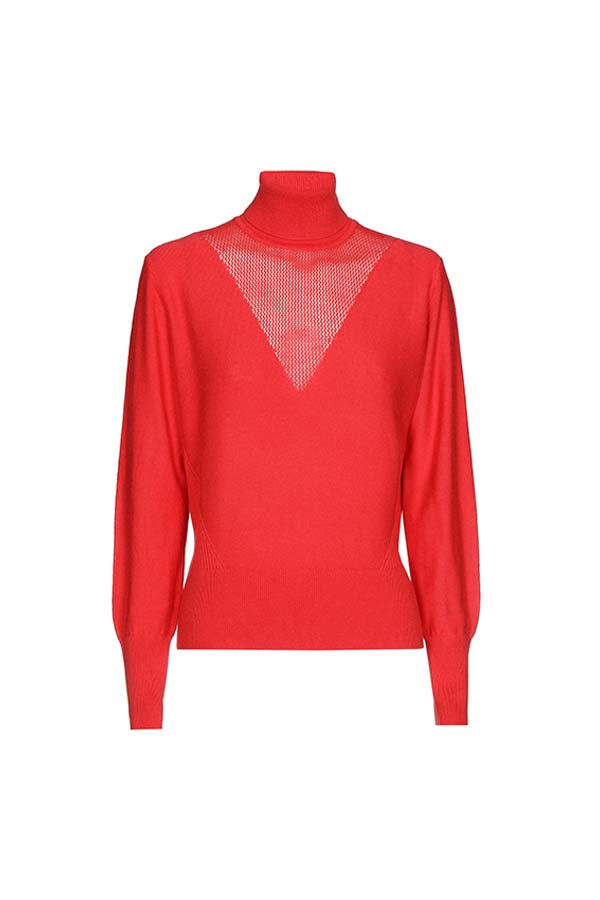 RED SEMI-SHEER DÉCOLLETÉ FITTED PULLOVER