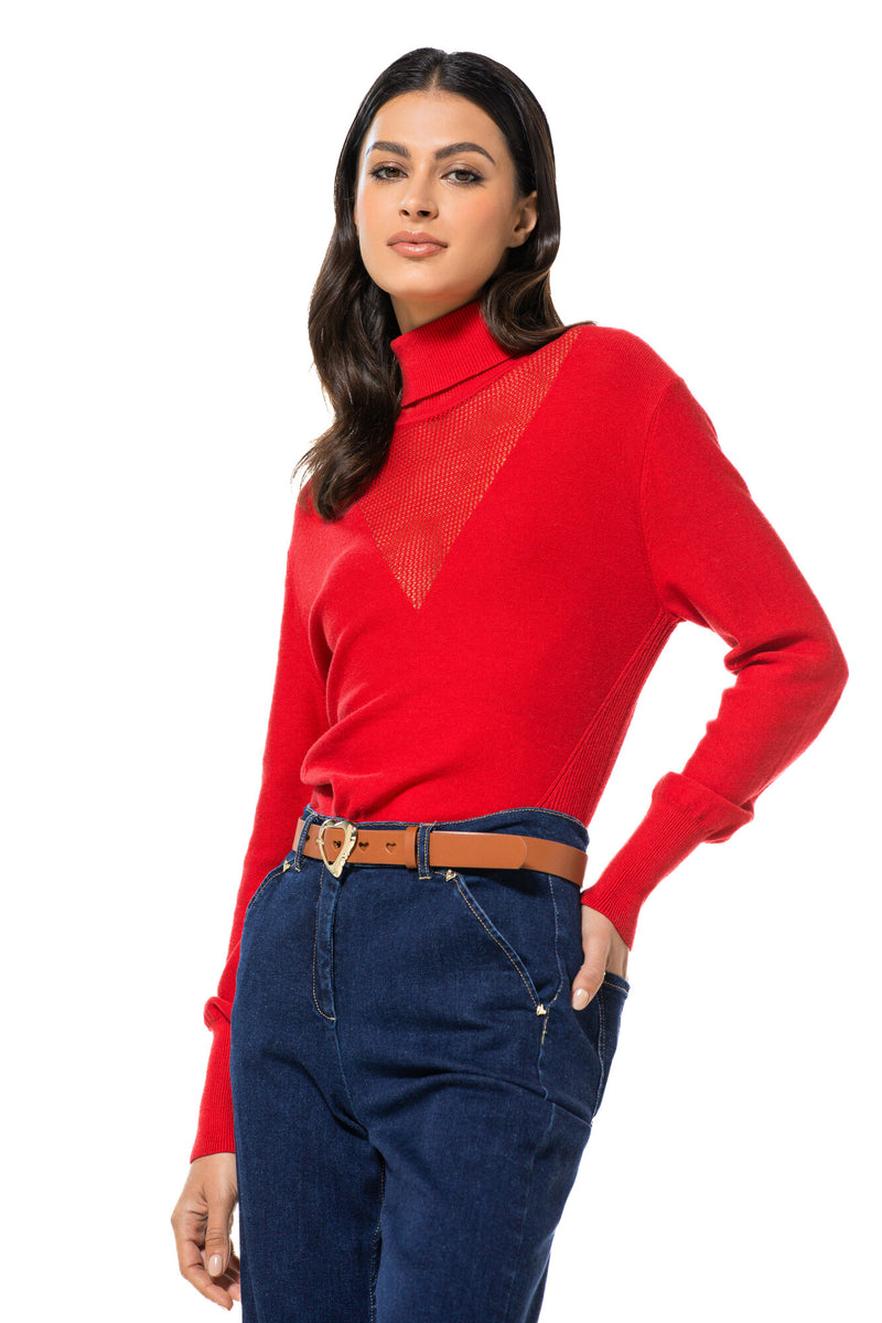 RED SEMI-SHEER DÉCOLLETÉ FITTED PULLOVER