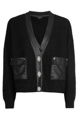 BLACK VEGAN LEATHER DETAILS SHORT CARDIGAN