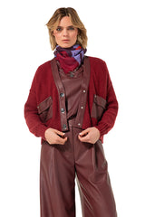 WINE RED VEGAN LEATHER DETAILS SHORT CARDIGAN