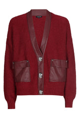WINE RED VEGAN LEATHER DETAILS SHORT CARDIGAN