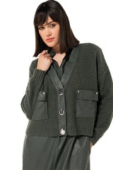 GREEN VEGAN LEATHER DETAILS SHORT CARDIGAN