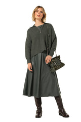 GREEN VEGAN LEATHER DETAIL LOOSE-FITTING SWEATER
