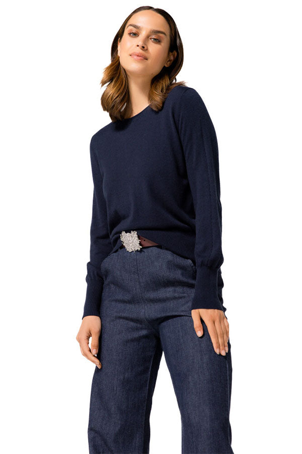 MIDNIGHT BLUE OPENWORK EFFECT FINE-KNIT PULLOVER