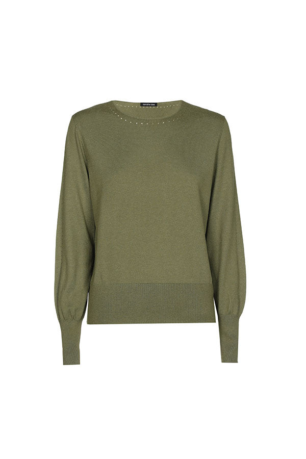 OLIVE OPENWORK EFFECT FINE-KNIT PULLOVER